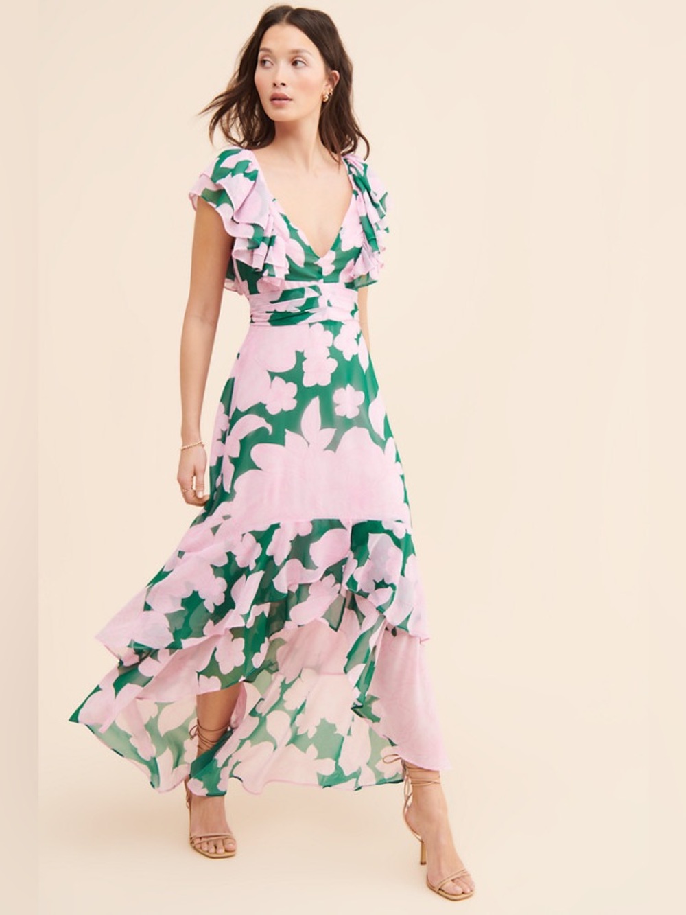 Anthropologie Hutch Chiffon Short Sleeve Maxi Dress High Low Hem, Tie Waist, 12